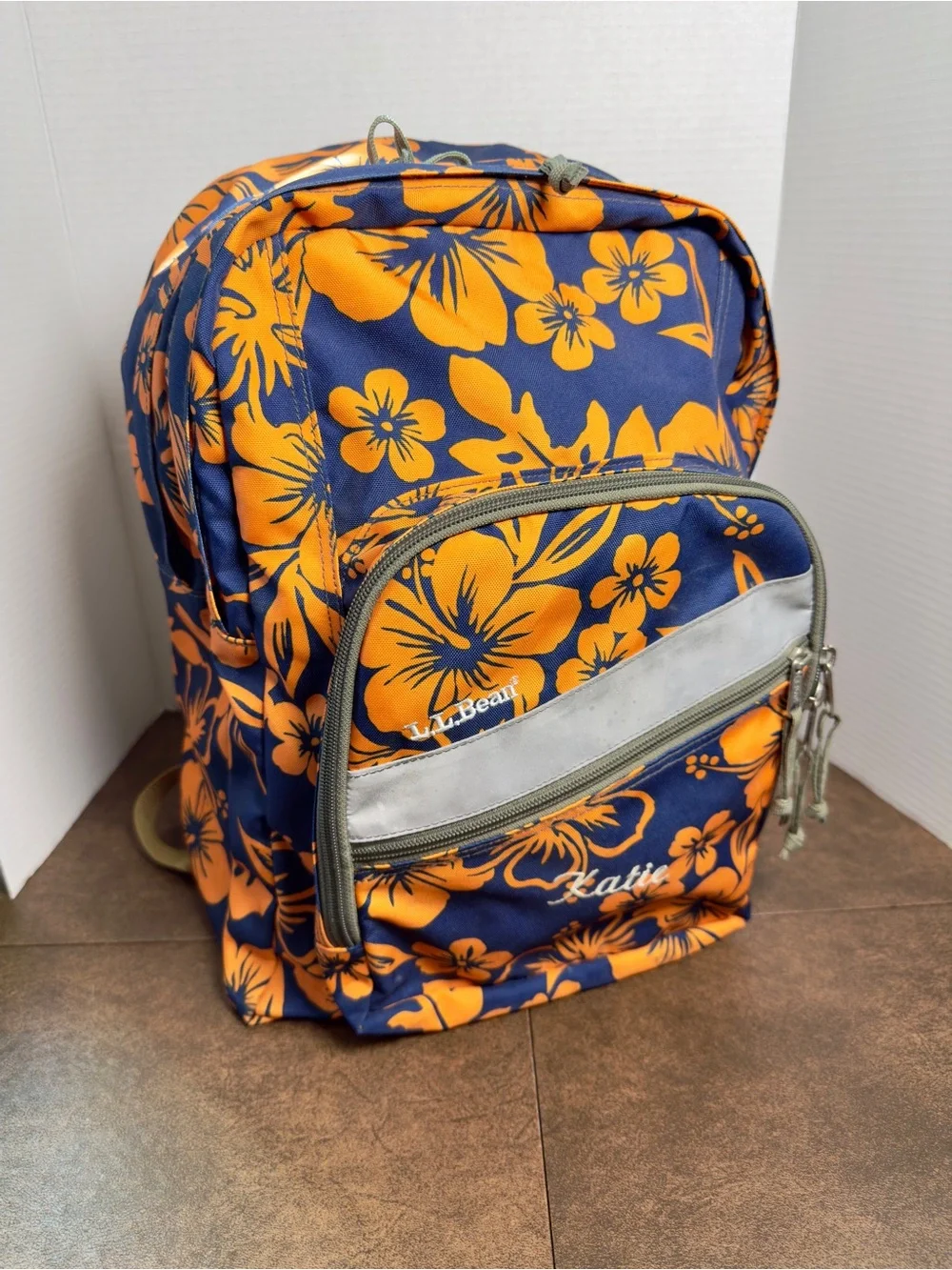 LL Bean Unbranded Navy and Orange Floral Women’s Backpack Sz Large